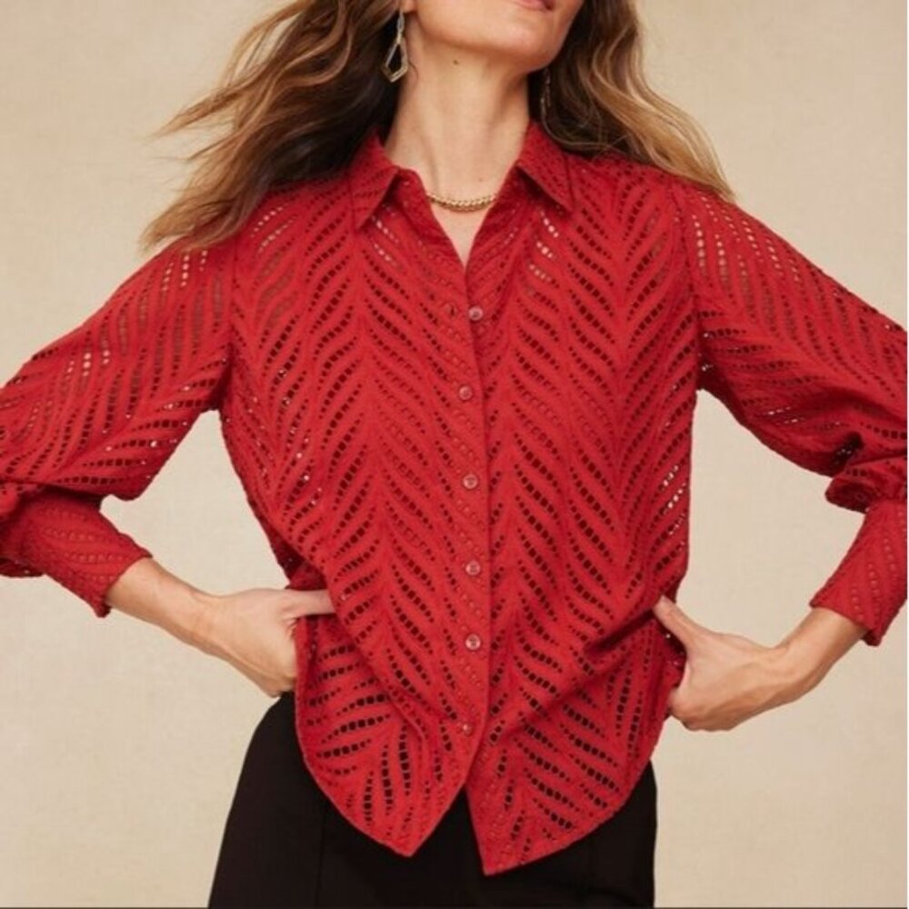 Chicos Womens 16 Poplin Cutwork Shirt Button Front Long‎ Sleeve Rust Orange